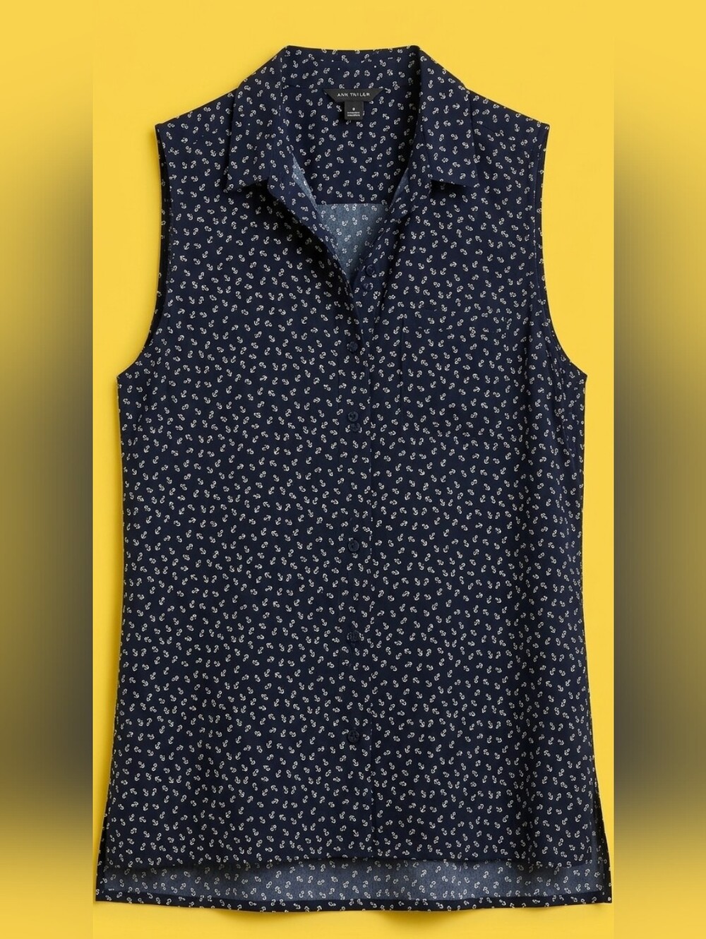 Sleeveless Navy Printed Button-Front Blouse